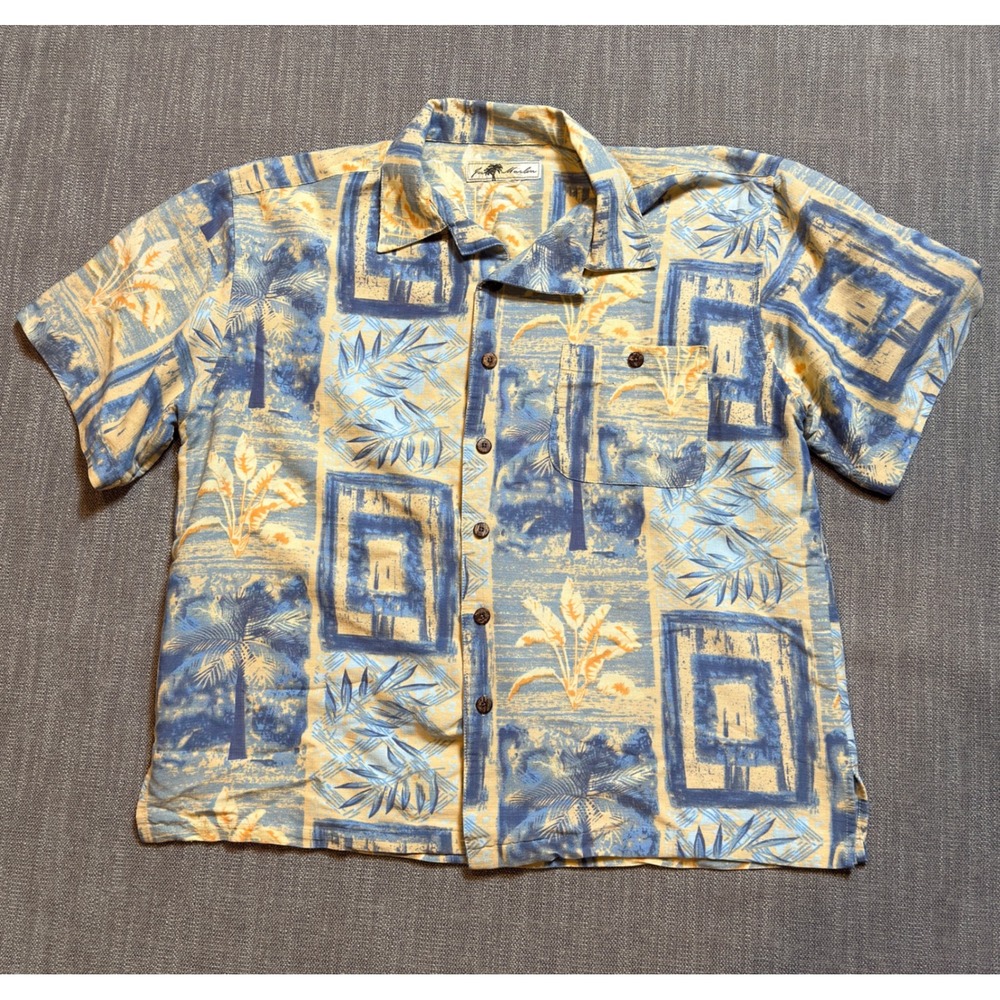 Joe Marlin MensButton Up Shirt Tropical Floral Print Blue Beige Size XL‎
